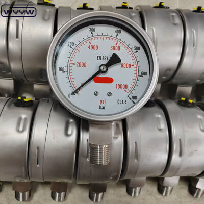 مقياس ضغط بحلقة إطار مملوء بالجلسرين والسيليكون، بقرص 100 مم، وتركيب سفلي للتطبيقات الصناعية