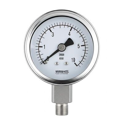 مقياس ضغط محوري مقاوم للاهتزاز من الفولاذ المقاوم للصدأ 316 مقاس 50 مم مع وصلة سفلية